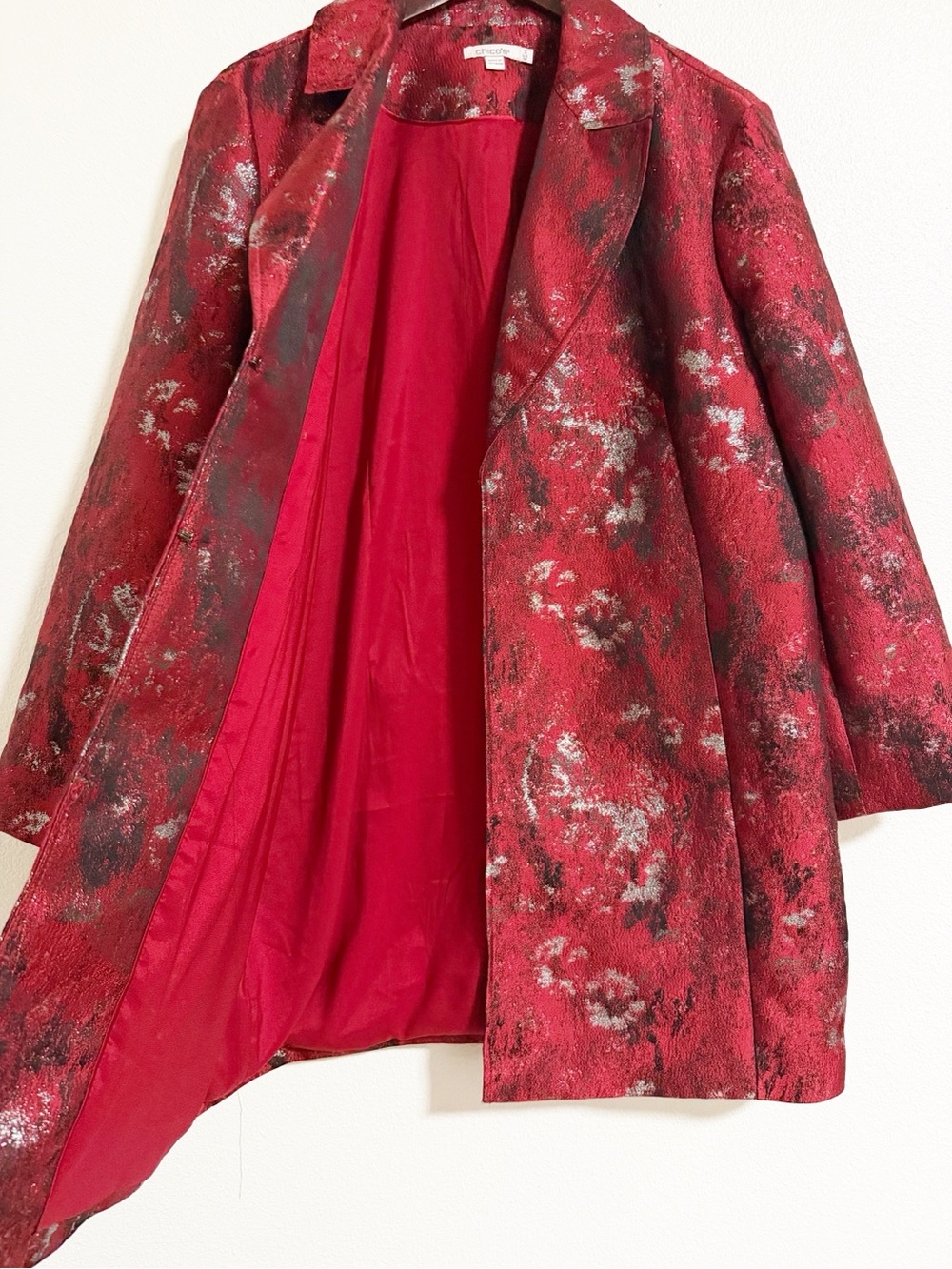 Chicos Metallic Jacquard Topper Overcoat Red Size 16 - Picture 6 of 12
